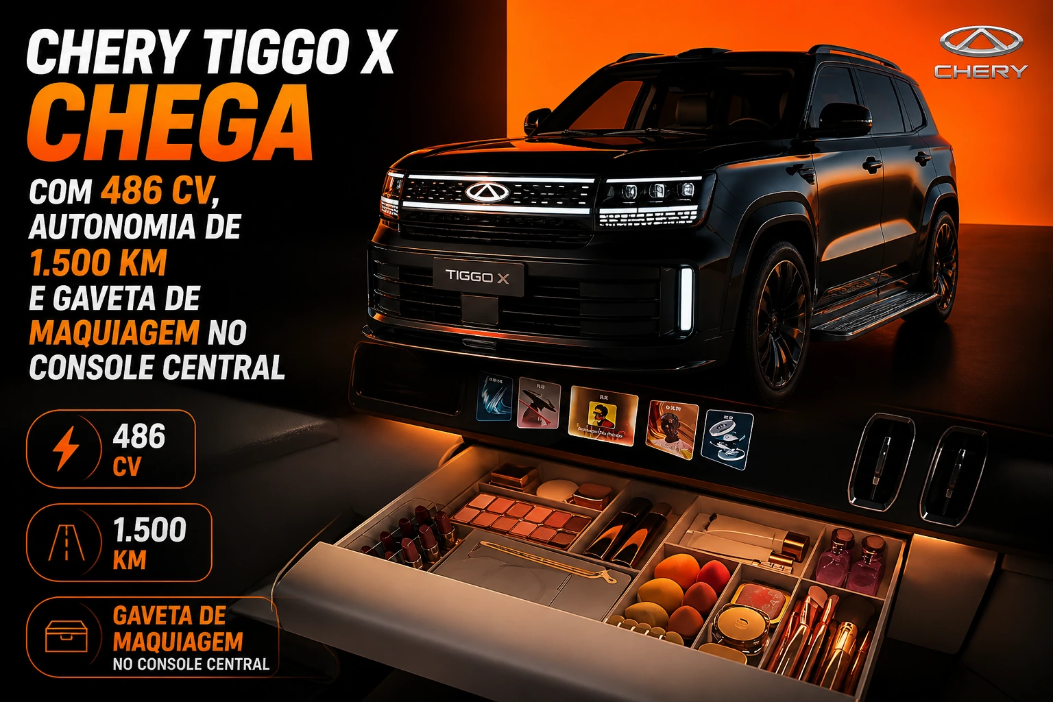 Chery Tiggo X chega com 486 cv, autonomia de 1.500 km e gaveta de maquiagem no console central