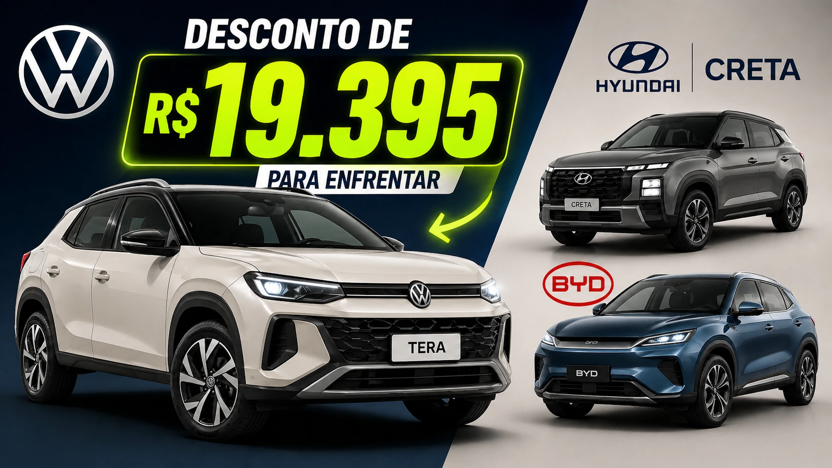 Volkswagen oferece desconto de R$ 19.395 no Tera para enfrentar Hyundai Creta e BYD em 2026
